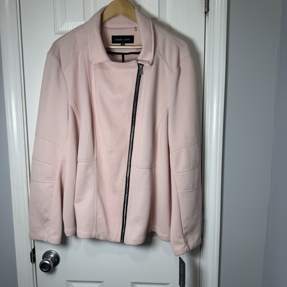 Black Rivet Knit Moto Jacket Asymmetrical Zip Biker Blush Pink Women's Size 3X